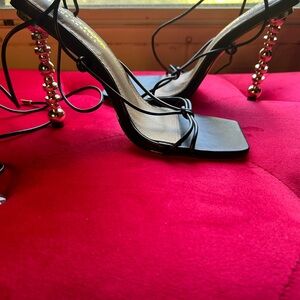 Fashion Nova Black and Gold Heels with Chain Detail